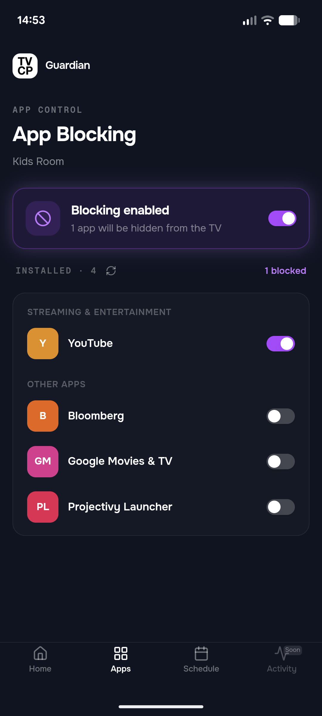 The App Blocking list in the Guardian app, with YouTube blocked