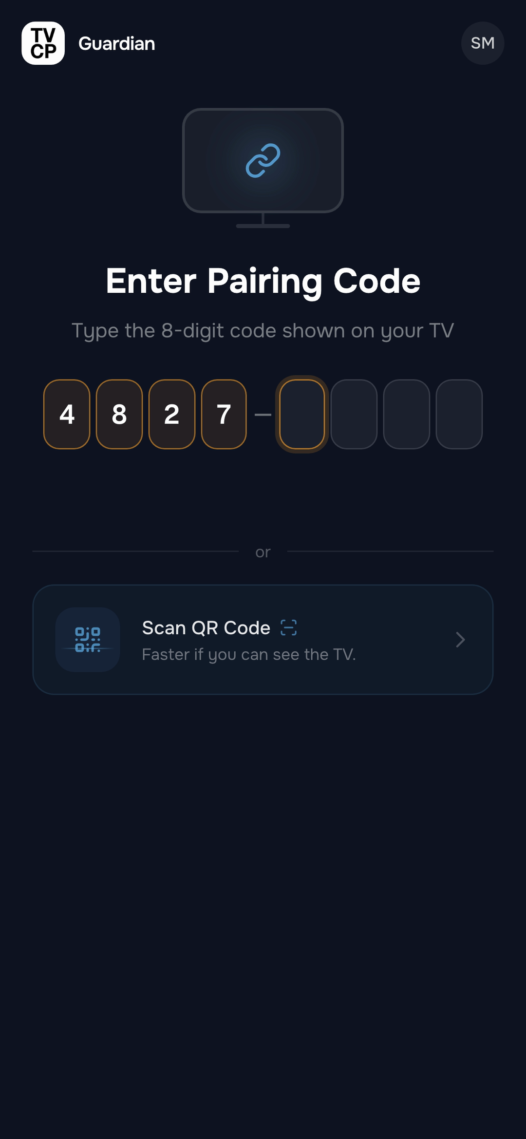 Enter Pairing Code in the Guardian app, with the Scan QR Code option below