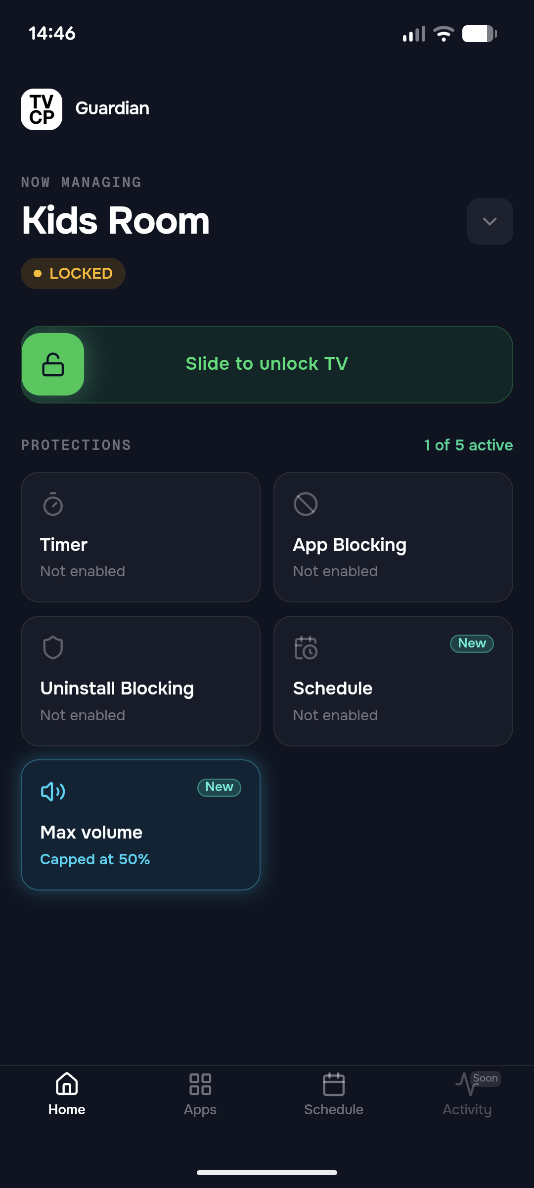The Home screen of the Guardian app with the TV locked