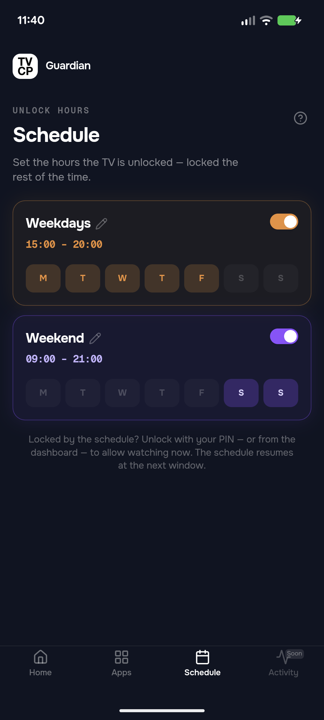 The Schedule tab in the Guardian app with weekday and weekend hours