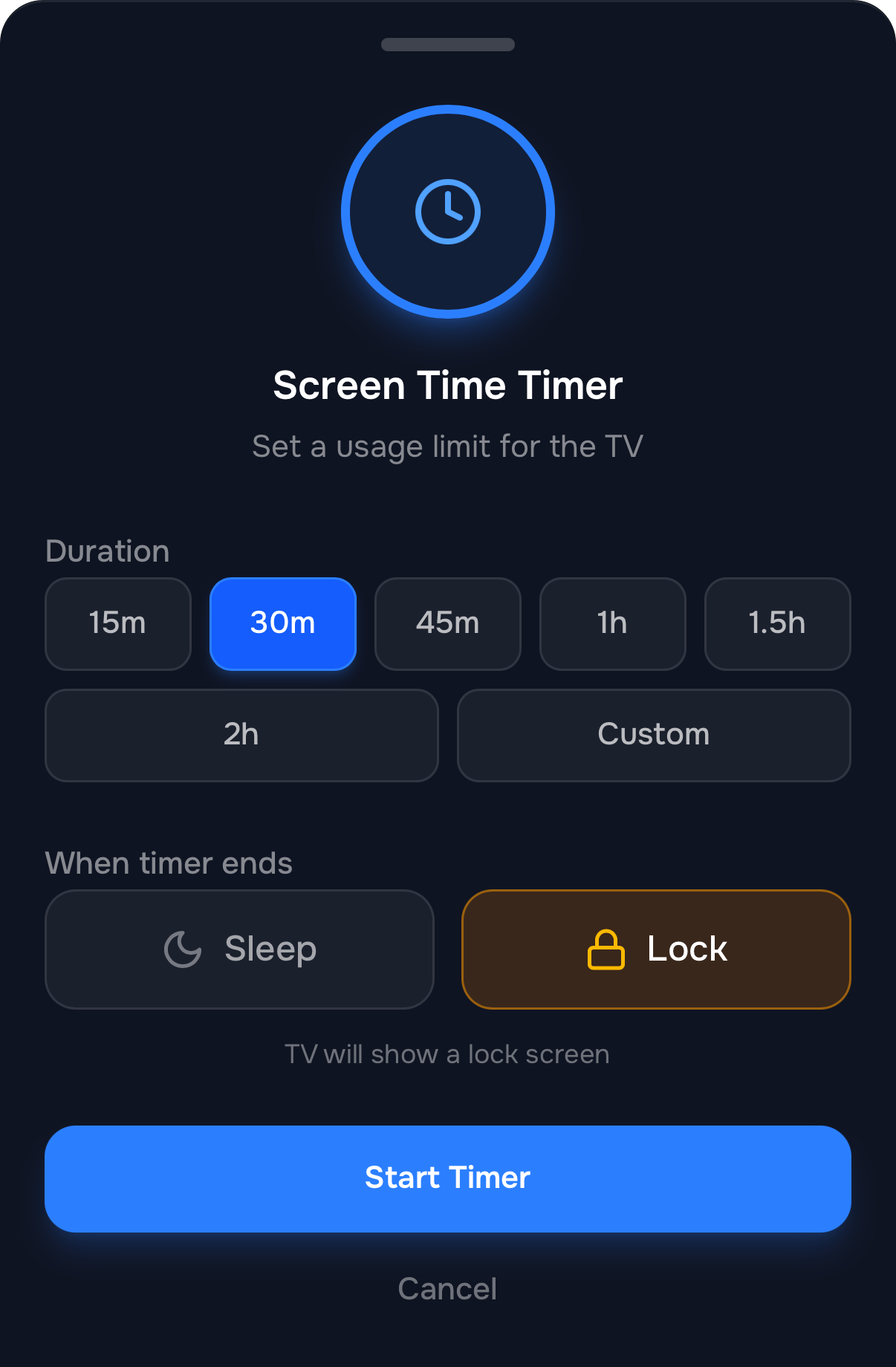 The Screen Time Timer sheet in the Guardian app