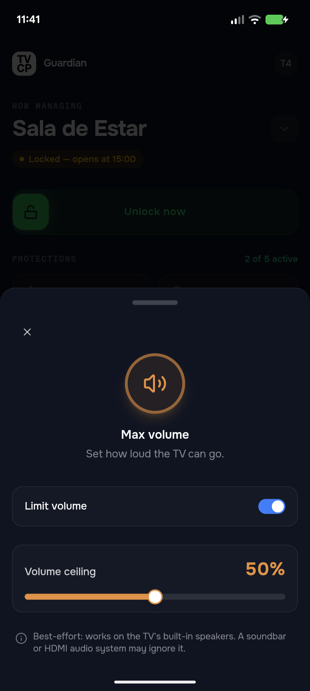 The Max volume sheet in the Guardian app