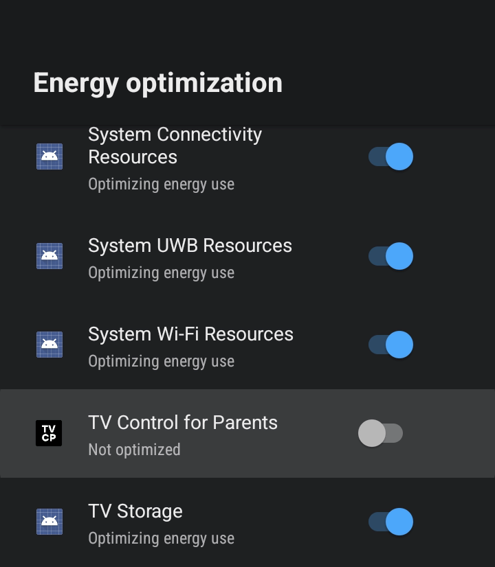 Energy optimization in the TV's settings, with TV Control for Parents set to Not optimized