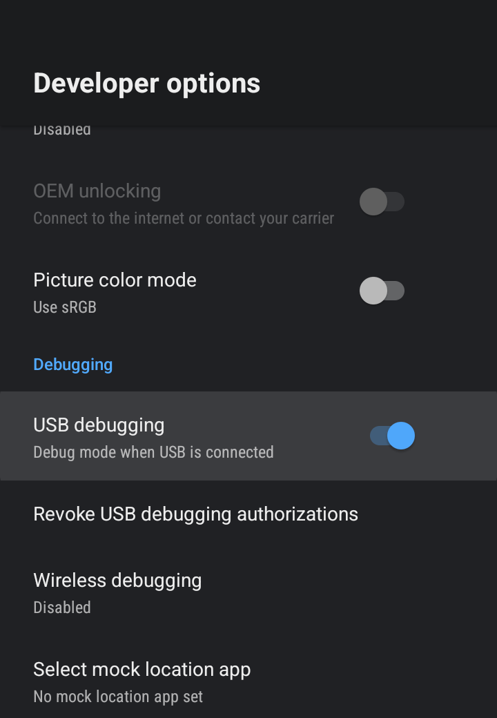 Developer options on the TV with USB debugging turned on
