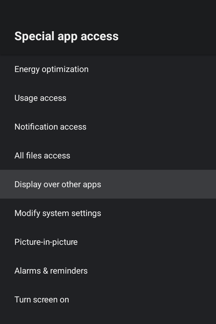 The Special app access list in the TV's settings